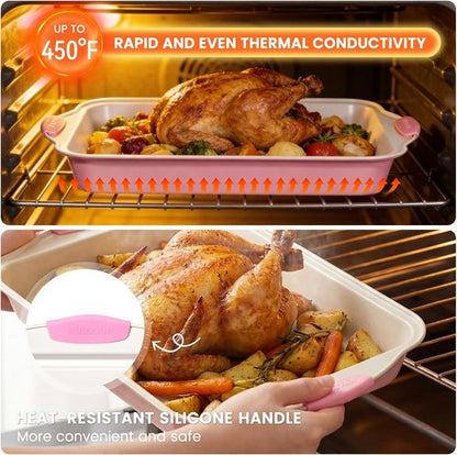 Kikcoin Nonstick Baking Pans Set - 22 PCS Stackable Bakeware with Silicone Handles | 450°F Oven Safe, Pink