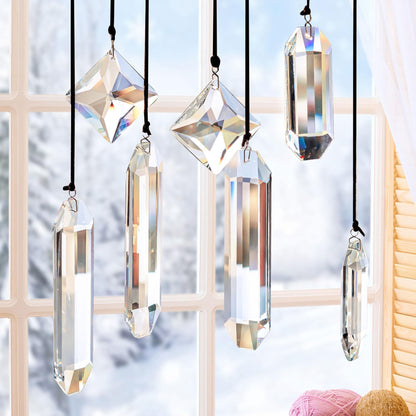 HDCRYSTALGIFTS Set 7 Clear Crystal Prisms Suncatchers Hanging Glass Ornament for Christmas Tree,Rainbow Maker Sun Catchers for Windows Home Garden Decoration,Modern Grief Gift