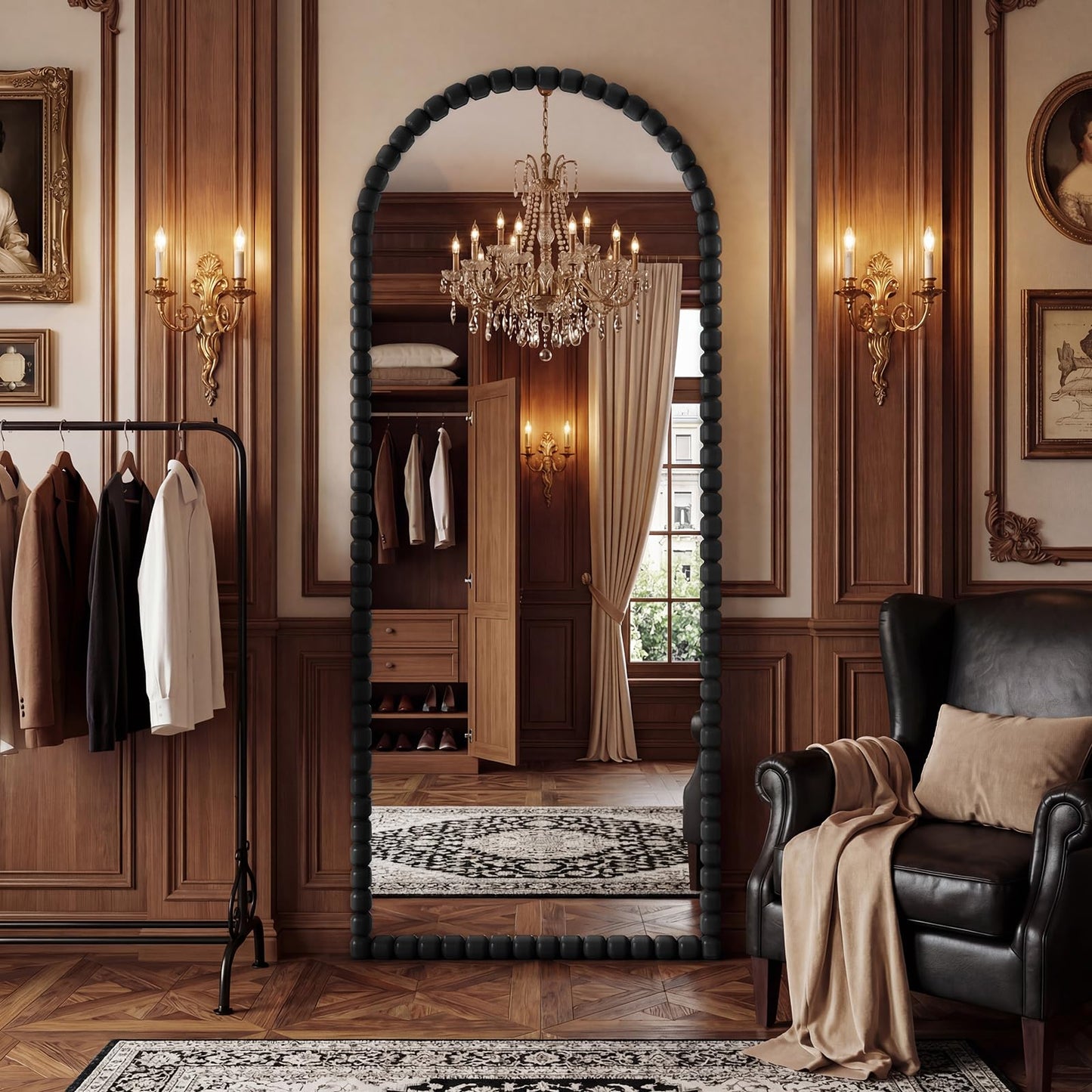 FlyEcho Arched Full Length Mirror, 71"x28" Antique Beaded Full Body Mirrors, Large Floor Mirror with Stand, Hanging Mounted for Bedroom Living Room Cloakroom Hallway Decor, PU Frame, Black