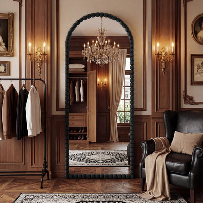 FlyEcho Arched Full Length Mirror, 71"x28" Antique Beaded Full Body Mirrors, Large Floor Mirror with Stand, Hanging Mounted for Bedroom Living Room Cloakroom Hallway Decor, PU Frame, Black
