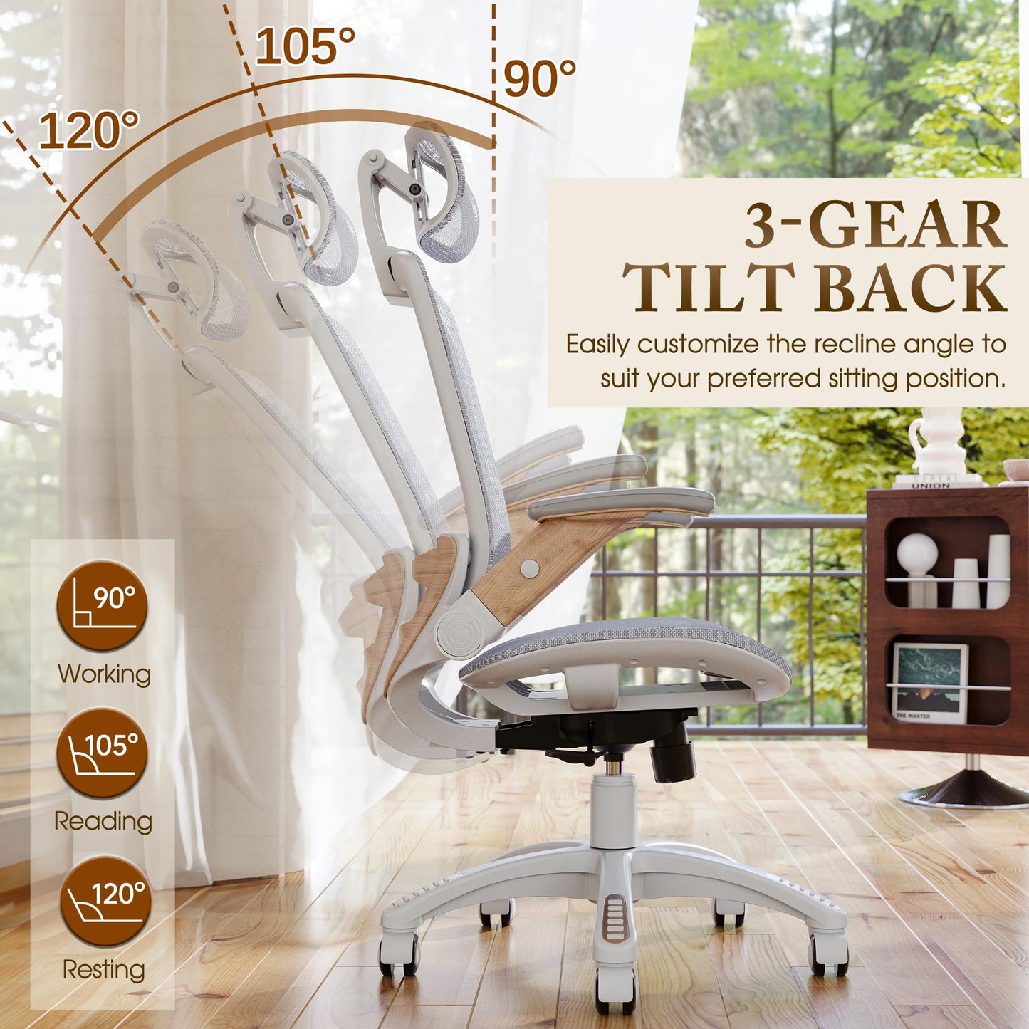 GABRYLLY Ergonomic Office Chair, High Back Home Desk Chair with Flip-Up Arms, Headrest, 90-120° Tilt and Wide Cushion, 300LBS White Mesh Chair for Work Gaming Study (GY01-NT, Woodgrain Pattern)