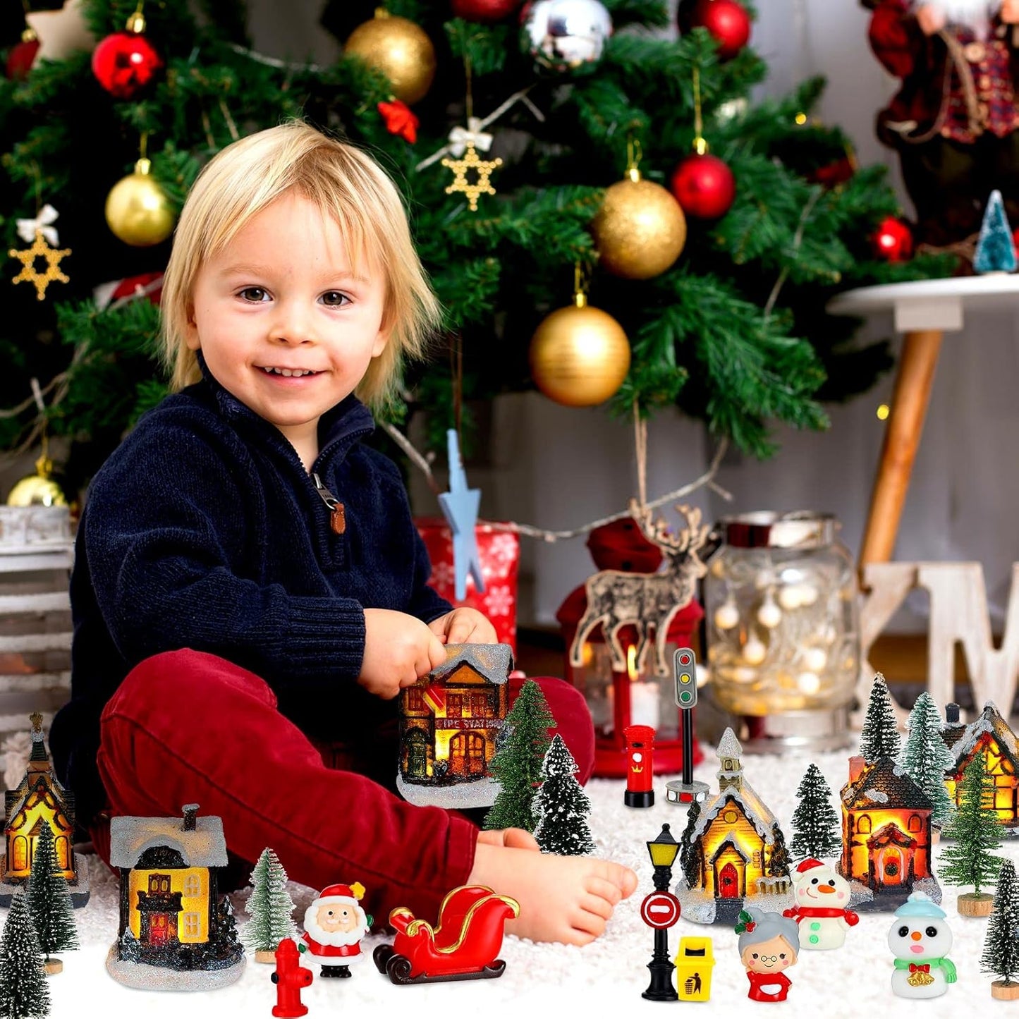 29 Set Woanger Pieces Christmas Village LED Lighted Houses for Christmas Village Xmas Scene Figurines Decoration