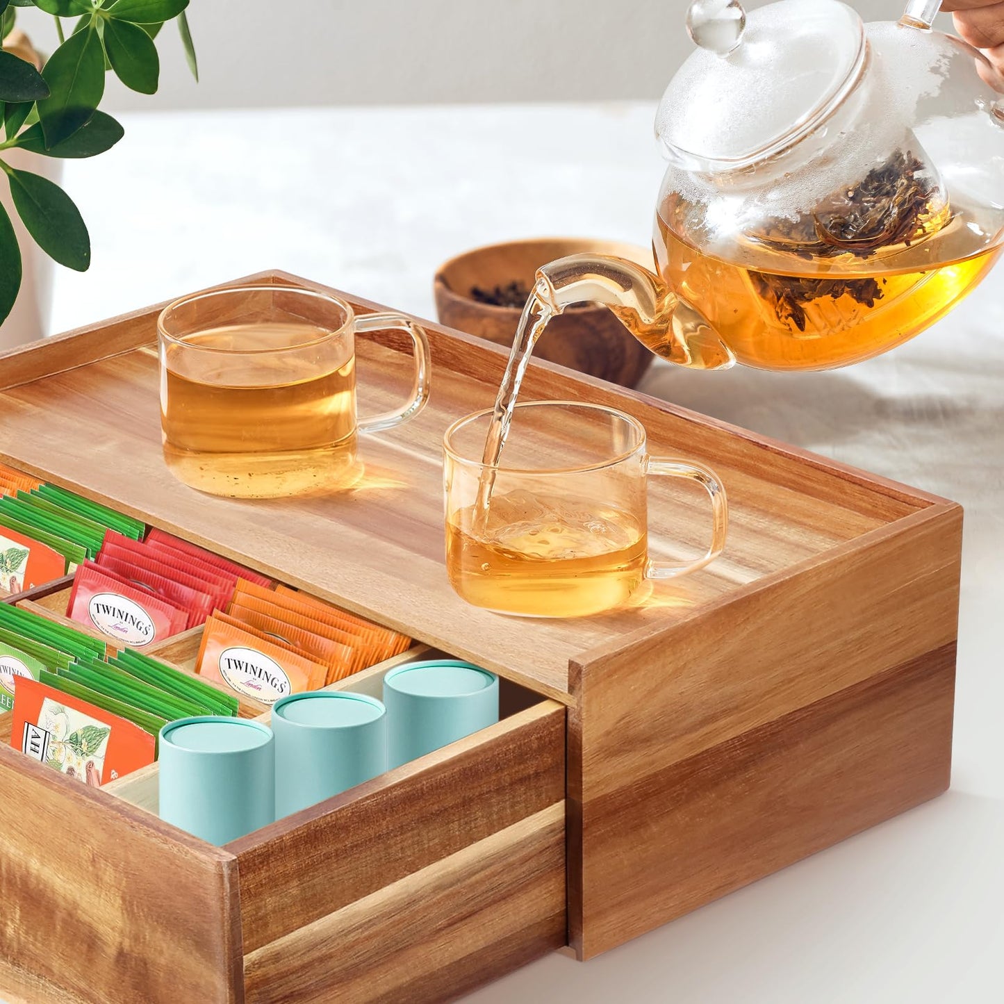 Acacia Wood Tea Bag Organizer with Tea Bag Squeezer, Tea Box Organizer Storage Box, Tea Bag Holder with Drawer, Tea Caddy for Tea Bags, Tea Bag Storage Station, Tea Bar Accessories for Countertop