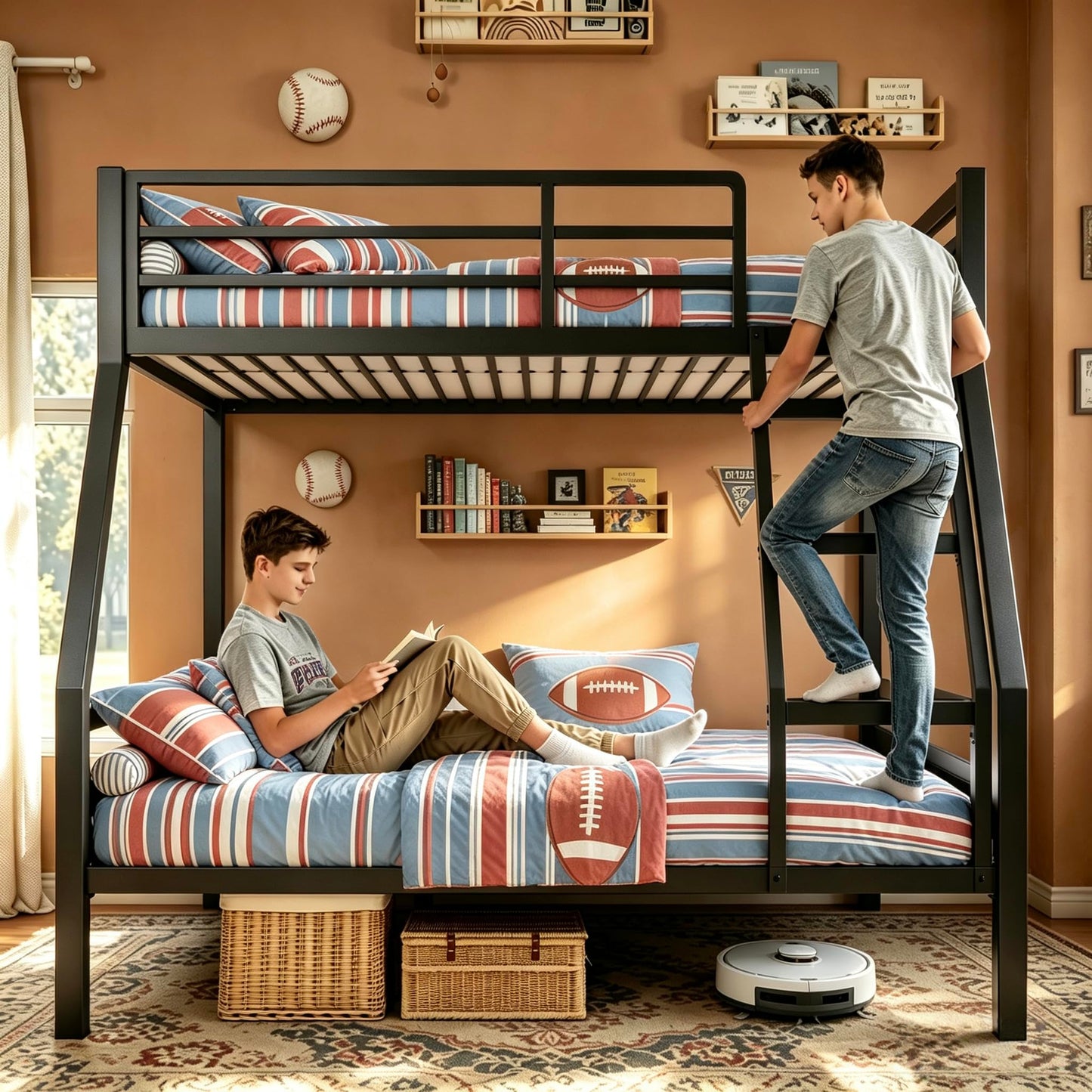 nesture. Bunk Bed Twin Over Full, Heavy Duty Metal Bunkbeds with Full-Length Guardrail, Space-Saving Steel Bed for Kids & Adults, No Box Spring Required, Rustic Brown