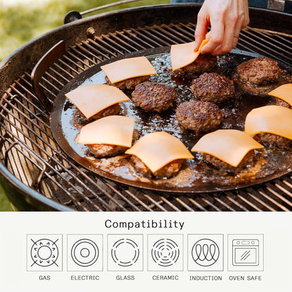 Made In Cookware | Seasoned 17" Round Carbon Steel Griddle + Grill Press | Professional Cookware | Crafted in Sweden | Induction Compatible