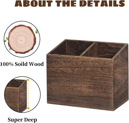 Wooden Kitchen Utensil Caddy with 2 Compartments, Rustic Holder for Kitchen Countertop, Wood Organizer Box