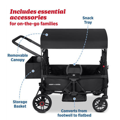 Radio Flyer Voya 2.0 4-Seat Stroller Wagon, for Kids 6+ Months, Lightweight, Compact, Foldable, UV Canopy, Included Storage, Never Fall Pull Handle, Seats Convert to Flatbed, Stroller Wagon for Kids