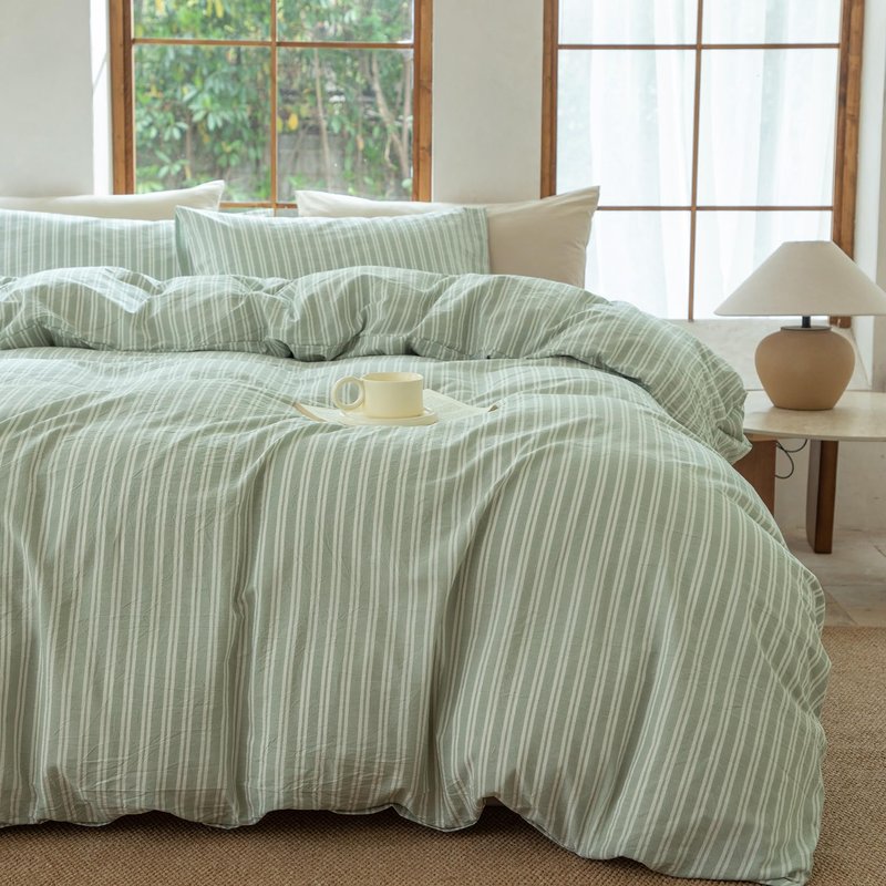 BESTDESIL Sage Green and White Striped Duvet Cover,100% Washed Cotton Breathable and Linen Like Bedding Set(Strip-Sage Green/White,Full)