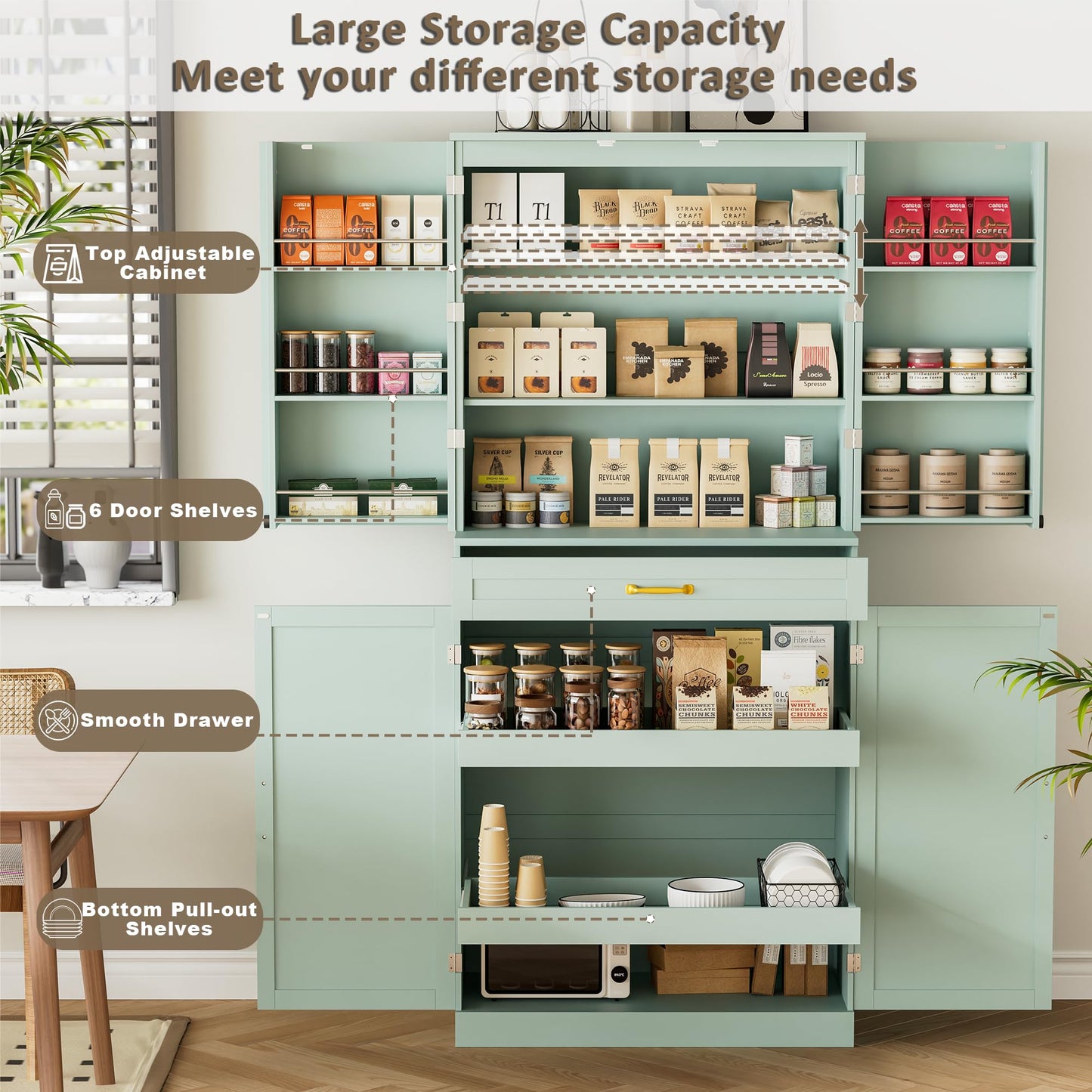 HQZX 71’’ Tall Kitchen Pantry Cabinet, Pantry Storage Cabinet with 6 Doors Shelves, Large Drawer & 2 Pull Out Shelves, Freestanding Cupboard for Kitchen, Dining Room, Green