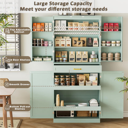 HQZX 71’’ Tall Kitchen Pantry Cabinet, Pantry Storage Cabinet with 6 Doors Shelves, Large Drawer & 2 Pull Out Shelves, Freestanding Cupboard for Kitchen, Dining Room, Green