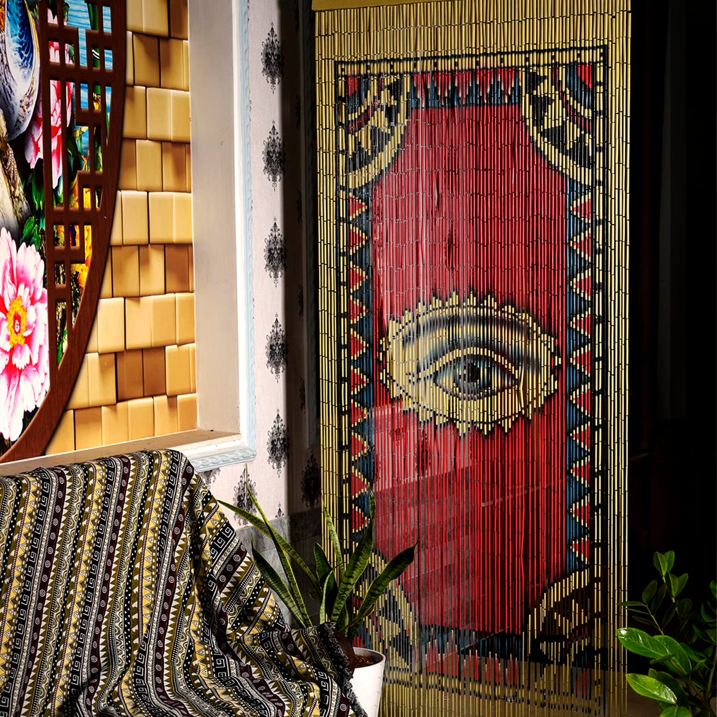TACHILC Beaded Curtain for Doorway – Boho Door Beads Curtain 35.5 x 78 Inches - 90 Strings, Hand-Painted Eye Design, Natural Room Divider for Modern Boho Home Decor