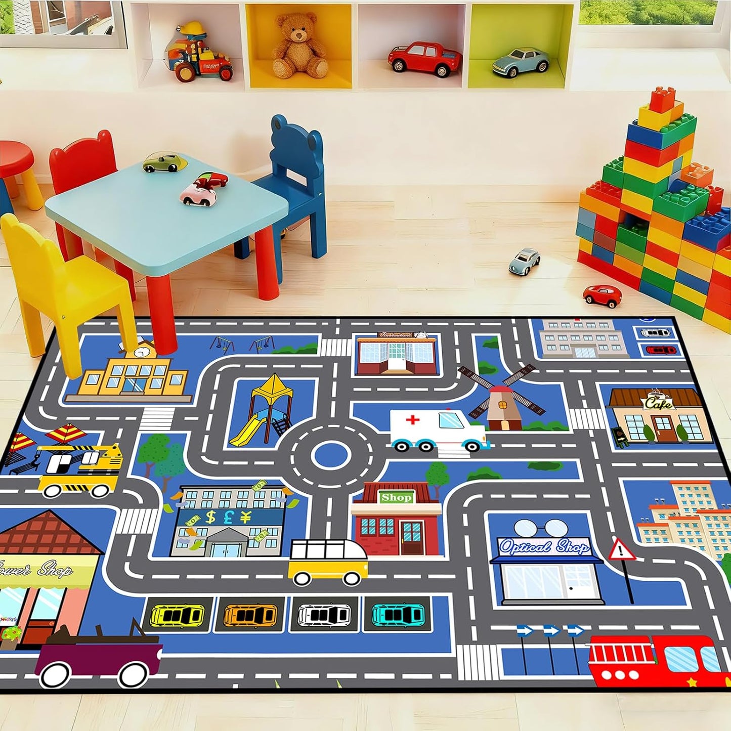 3'5' Car Track Rug Blue Road Rug for Kids, Car Traffic Road Play Mat for Kids Room Bedroom Decor