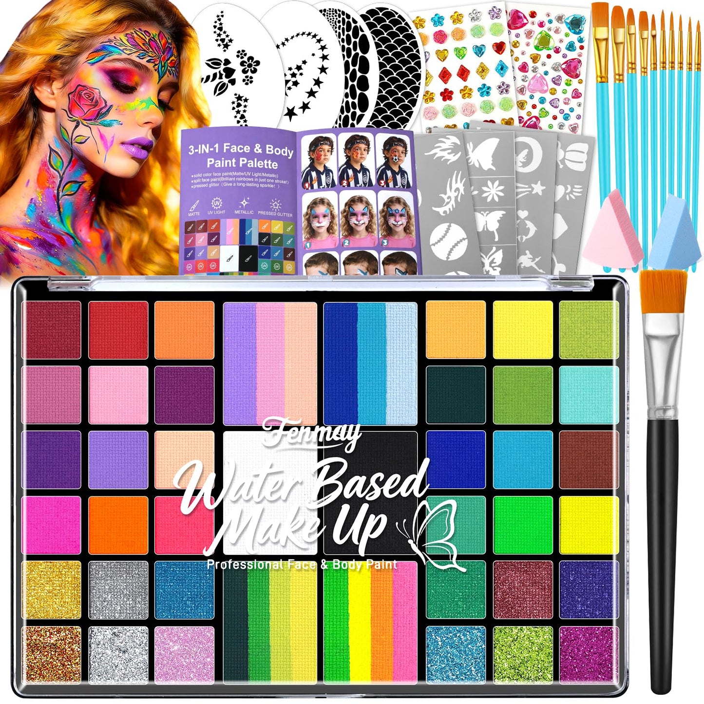 Fenmay Face Painting Kit for Kids - 42 Colors, Non-Toxic and Hypoallergenic, Stencils, Book, Brush, Sponge, and Professional Face Paint Makeup Palette- Safe and Easy to Use