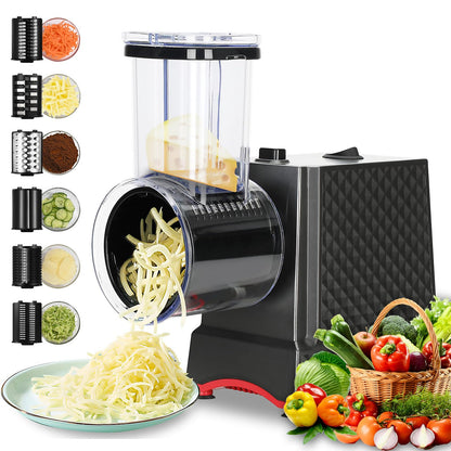 YOTAN Electric Cheese Grater, Electric Slicer Shredder with 6 Blades, 250W Salad Shooter, Enlarged Inlet and Dispenser, Automatic Vegetable Slicer for Cheeses, Fruits, Vegetables