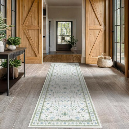 Hazo Haus Oushak 3x20 Wide Hallway Runner Rug - Vintage Turkish Floral Design | Washable, Non-Slip, 20ft Long in Blue and Green