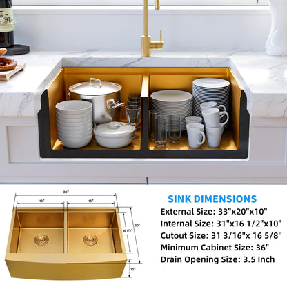 MILOSEN Gold Farmhouse Kitchen Sink, 33x20x10 Inch 50/50 Double Bowl Apron Front Undermount Sink, Gold Stainless Steel Workstation Farm Sinks with Ledge & Accessories, 10'' Deep Handmade Kitchen Sinks