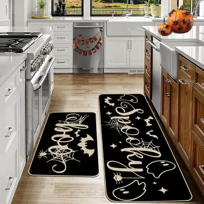 Baccessor Halloween Black Kitchen Rugs Set of 2, Spooky Ghost Low-Profile Non Slip Absorbent Kitchen Floor Mats 17x29