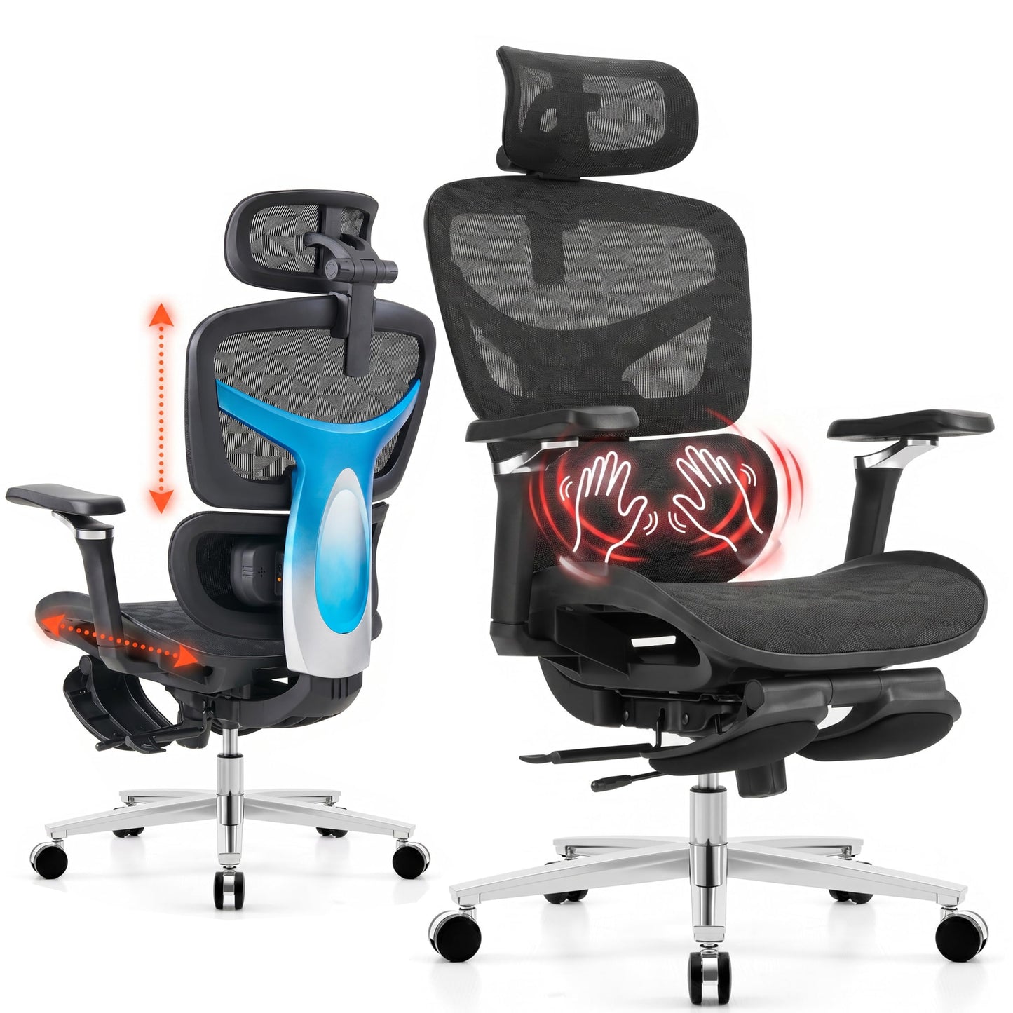 Ergonomic Office Chair with Footrest & 3D Massage Lumbar Support, Adjustable Seat Depth & Back Height,Big and Tall,400lbs, 4D Headrest, 4D Armrests, Reclining Office Chair for Home Office (Black)