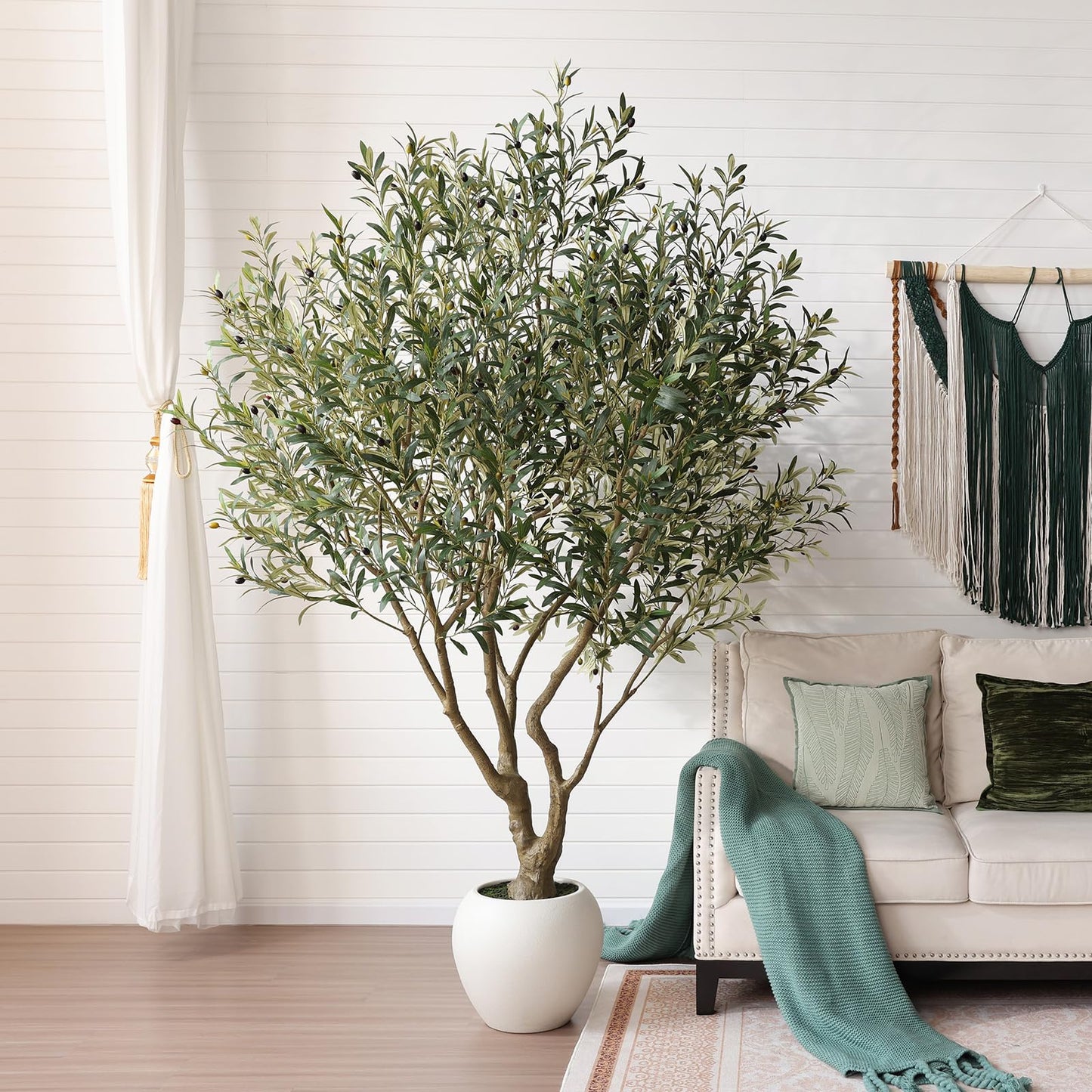VeriNatural Olive Trees Artificial Indoor, 8FT Tall Faux Olive Tree with Round White Planter, UV Resistant Outdoor Large Fake Olive Plants for Modern Home Decor Living Room Office
