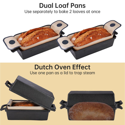 NiHome Cast Iron Bread Pan Set with Lid, 2 Loaf Pans + 2 Silicone Mats + Bread Lame, Heavy-Duty Cast Iron for Even Heat & Crisp Crust, Dual-Pan Design for Covered or Open Baking, Dishwasher-Safe Mats