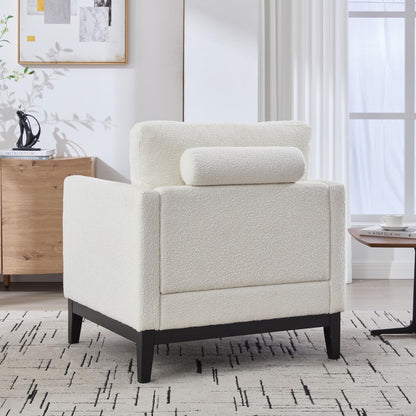 KEIKI 35.4" W Upholstered Accent Chair with 2 Pillows, Farmhouse Boucle Single Sofa with Wood Legs for Living Room & Office, Ivory and Black