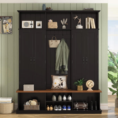 Merax 62.2''W Entryway Hall Tree with Bench, 3 Top Cubbies & Bottom Storage Space, Farmhouse Coat Rack with Hooks & Cabinets for Entryway, Hallway, Mudroom, Living Room