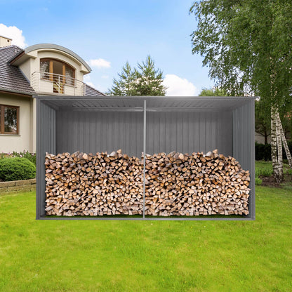 YOPTO 11x13 FT Outdoor Storage Shed,Metal Waterproof Tool House with Firewood Shed and 2 Integrated Punched Vents,2-in-1 Garden Storager Apex Roof Shelter w/Window & Door for Wood,Bicycles,Grey