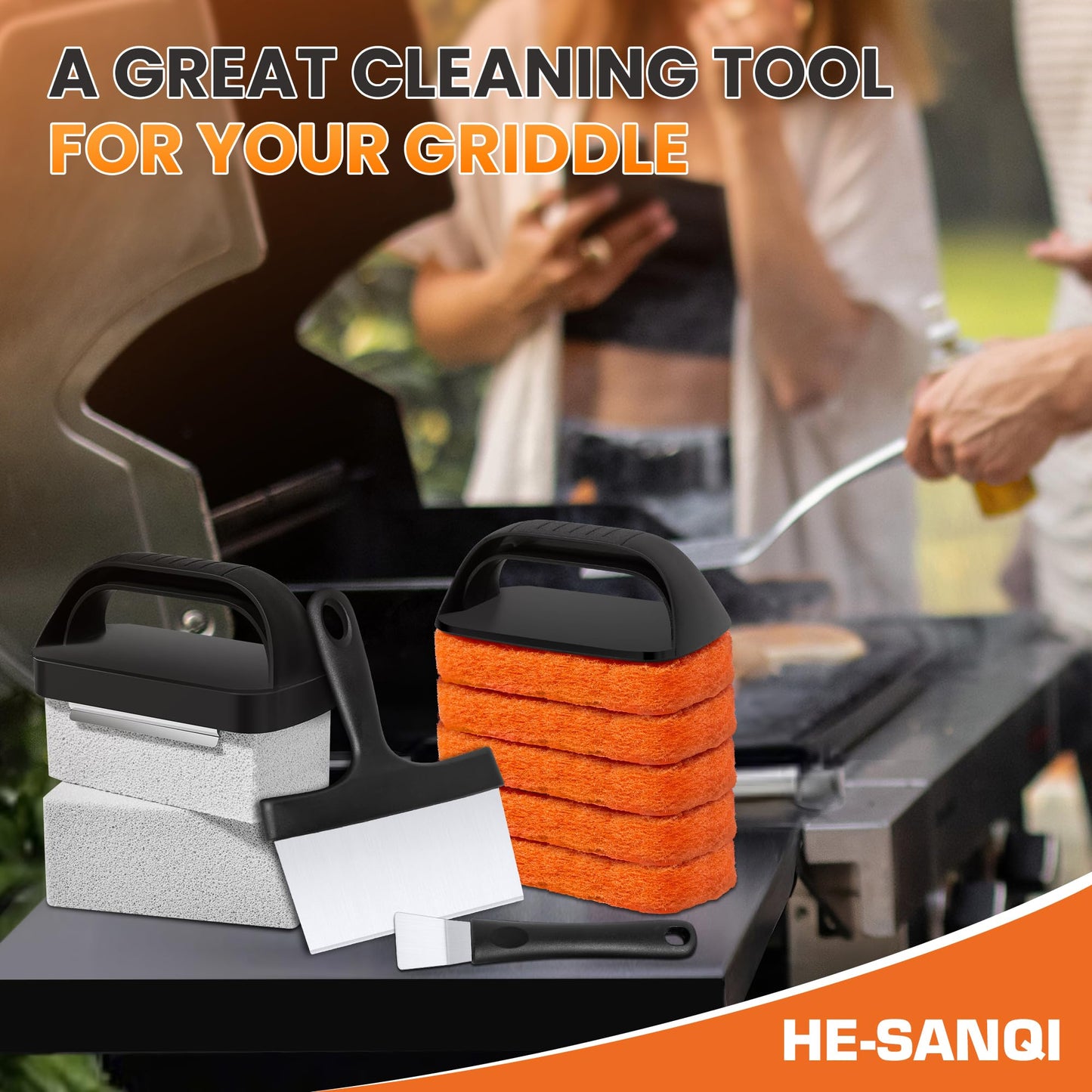 HE-SANQI Griddle Cleaning Kit for Blackstone, Flat Top Grill Cleaning Kit with Griddle Scraper, Grill Brick, Scouring Pads & Ergonomic Handles to Remove Grease, Burnt Residue (11 PCS)