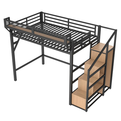 KEIKI Queen Loft Bed with Storage Stairs for Adults，Heavy Duty Bunk Beds with Shelves, Wardrobe, Metal Bedframe with USB Ports for Bedroom, Natural