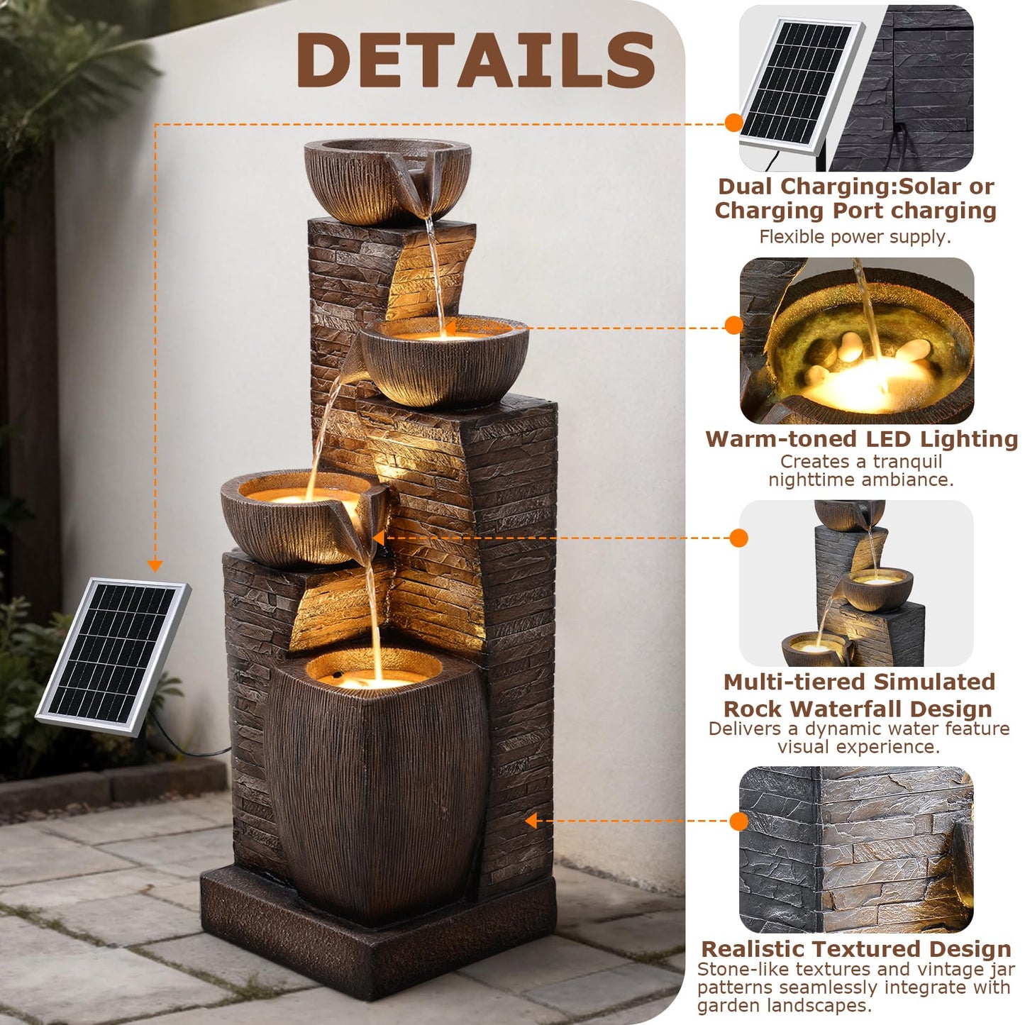 Pivotify 38.2" Tall Solar Powered Water Fountain for Outdoor,4 Tiers Modern Cascading Bowls and Stacked Stones Solar Fountains with LED Lights for Garden, Patio, Deck, Backyard and Home Art Decor