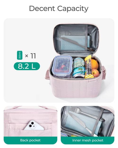 BAGSMART Lunch Box for Women Insulated Lunch Bag Cute Puffer Lunch Tote Bags Lightweight Quilted Reusable Cooler for Work Picnic or Travel, Pink