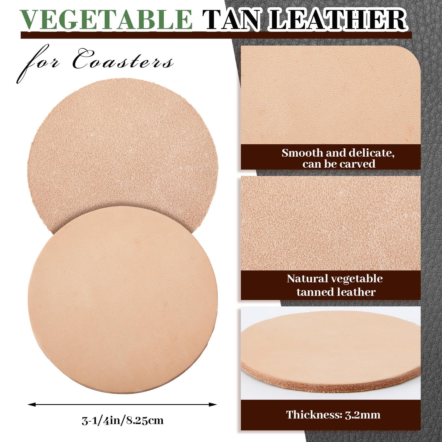Bulyoou 25 Pack Round Vegetable Tan Leather 3-1/4" Tooling Veg Circular Leather Pieces Sheet for Laser Engraving Coasters Tooling Stamping Carving, Thickness 3.2 mm