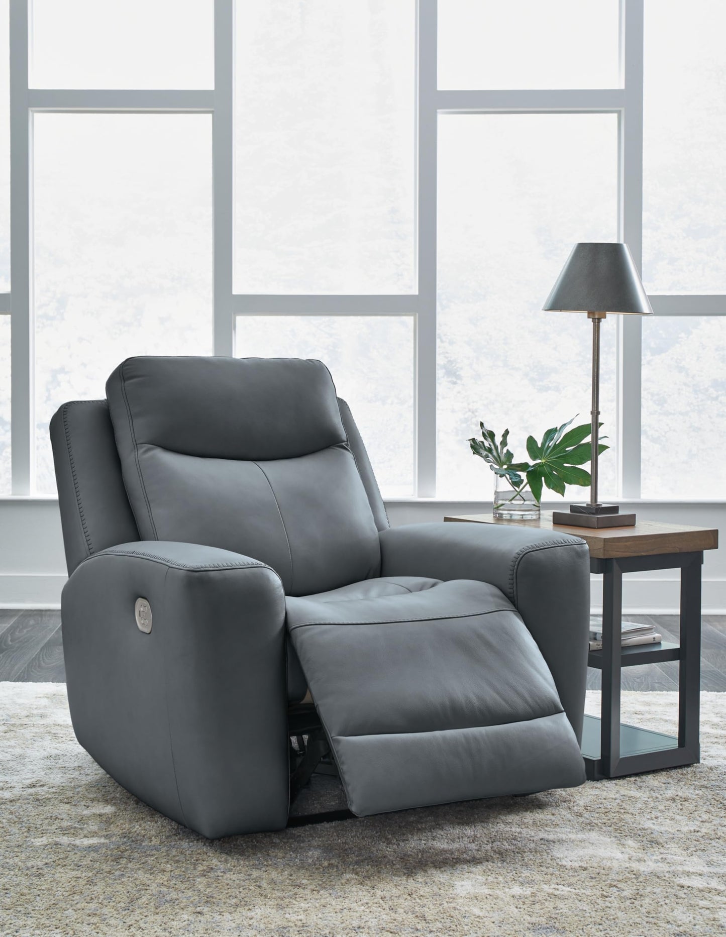Signature Design by Ashley Mindanao Contemporary Leather Match Upholstered Power Recliner with Adjustable Headrest, Gray