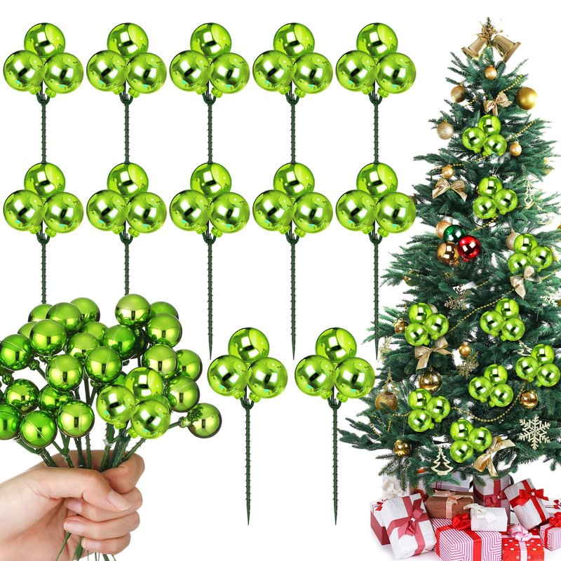 Syhood 12 Set 7.9 Inch Christmas Ball Ornaments on Wired Picks Shatterproof Xmas Lime Green Ball Picks for Christmas Tree Vase Wreath Stairs Garland Decoration Supplies