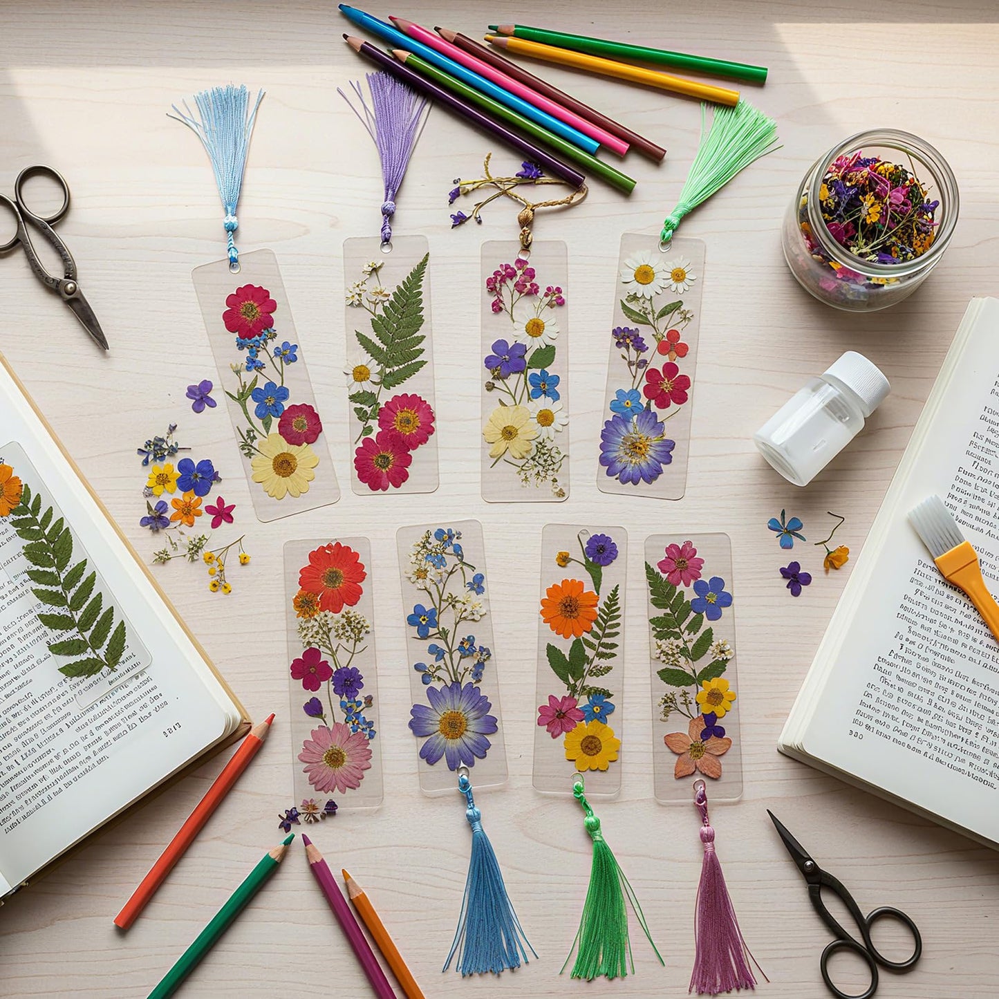 Eaasty 190 Pcs Pressed Flower Bookmark Making Kit, 24 Clear Acrylic Bookmarks with Tassels 140 Dried Floral with Adhesive Tools for Scrapbooking DIY Craft Gifts(Rustic)