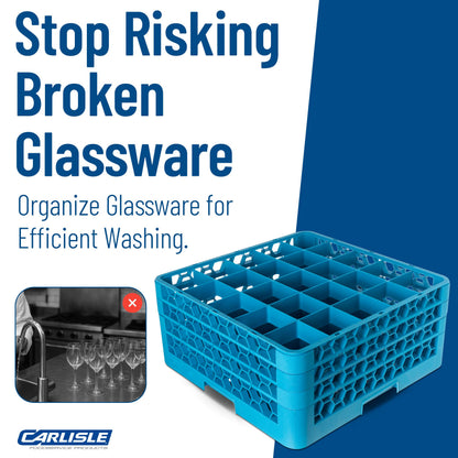 Carlisle FoodService Products Opticlean 25-Compartment Divided Glass Rack with 3 Extenders, Plastic, 19.875 x 19.875 x 8.5 Inches, Carlisle Blue
