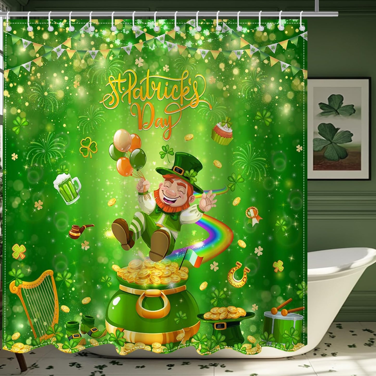 Mocsicka Happy St Patricks Day Shower Curtain for Bathroom, Green Clover Gnomes Bath Curtain Irish Lucky Leaf Spring Shower Curtain with 12 Hooks, 72 X 72 Inch Waterproof (Green, 72''x 72'')