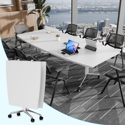 7.5 FT Large Folding Conference Table,Training Seminar Tables for 6-8 People,Built-in Wireless Charger and Power Box,Metal Legs Rolling Training Table for Office (1, White, 90.5"L×35.4“W×29.5"H)