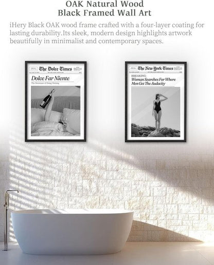 iHery Premium Natural Black Oak Wood Framed Wall Art - Retro Woman Canvas Decor 12x16in | Perfect for Dorms & Living Rooms