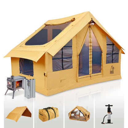 RBM Outdoors Panda Air Medium Inflatable Canvas Camping Tent for 2–4 People – Air Beam Tent with Stove Jack, Fast Setup, Hand Pump Included, Beige, Set