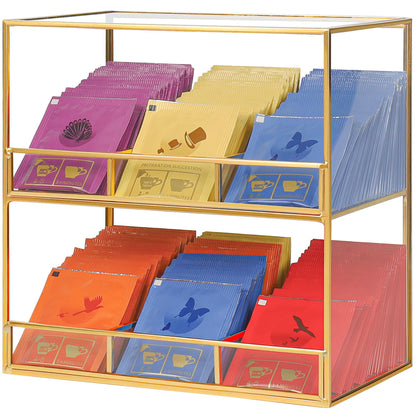 REDHUGO Glass Tea Bag Organizer for Counter, 2-Tier Teabag Organizer Storage Holder for Tea Bags, Glass Caddy Box Containers, Rack Teabag Station Stand for Cabinet Kitchen, 2-Tier, Gold