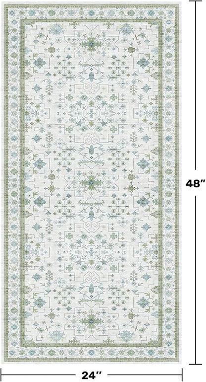 Oushak Bathroom Rug - Cream Green & Blue Floral Design, Washable Low Pile, Non-Slip Rubber Backing, Small Size