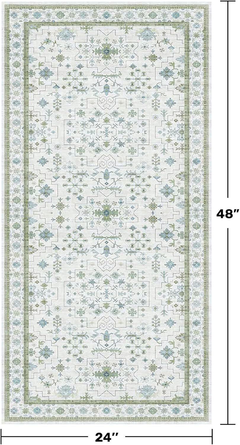 Oushak Boho Bathroom Rug - Cream Green & Blue Floral Design, Washable Non-Slip Low Pile, 2x4 ft