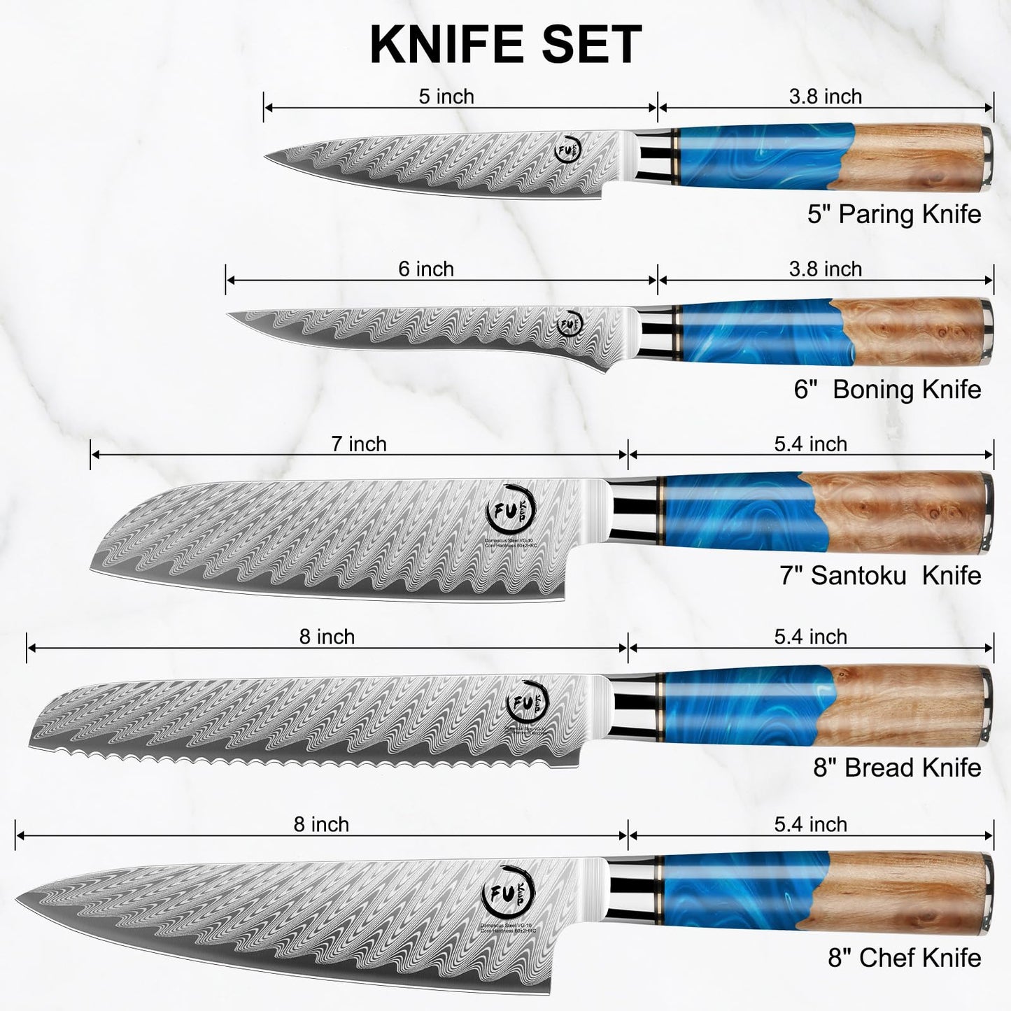 Fukep 5 Piece Damascus Knife Set, Professional Japanese Knife Set with Japanese VG 10 Steel Core, Blue Resin Handle, Includes Chef, Santoku, Bread, Boning & Paring Damascus Knives in Gift Box
