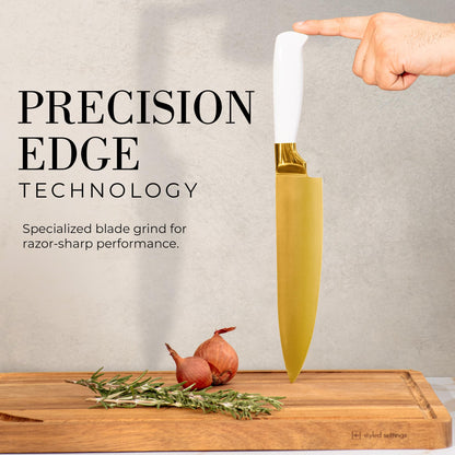 STYLED SETTINGS White and Gold Knife – Stainless Steel Chef Knife with Gold Titanium Coating, Precision German Stainless Steel Blade – Luxury Kitchen Accessories - Ideal Cooking Gift