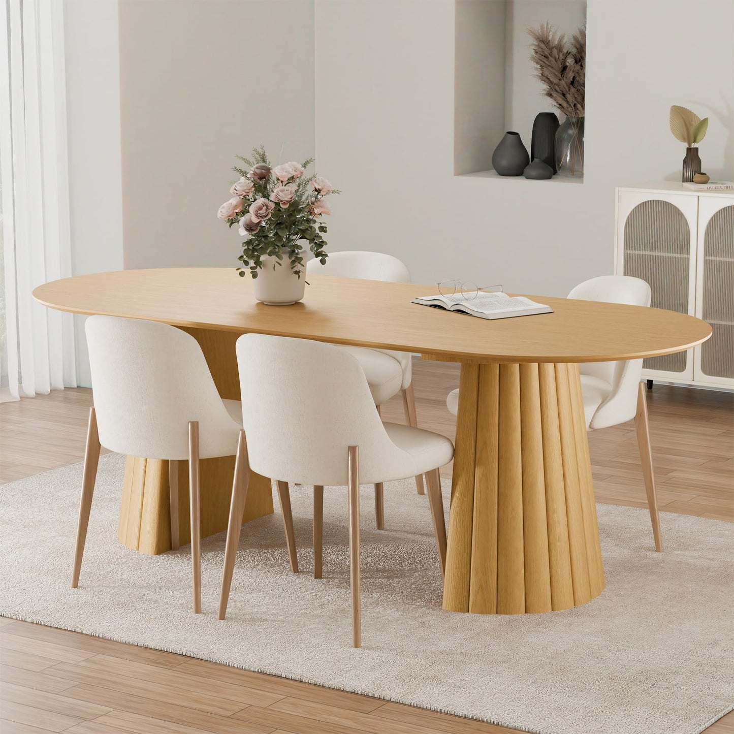 Casaphoria 79" Oval Dining Table, Modern Wood Kitchen Table with Cone Shaped Stripe Convex Base for Living Room & Dining Room, Easy Assembly Farmhouse Furniture for 6-8, Oak