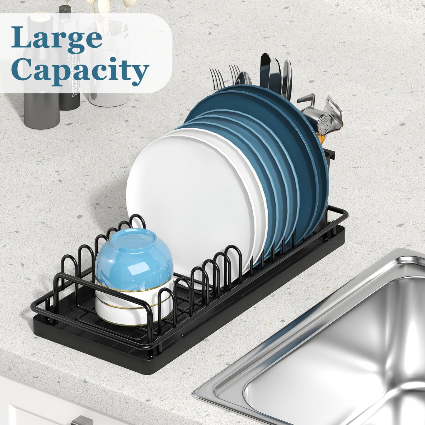 XYZLVSI Compact Small Dish Rack Sink Drying Rack with Silicone Mat, Stainless Steel Dish Drainer for Kitchen Cabinet, Kitchen Sink Rack,Dish Holder, Black