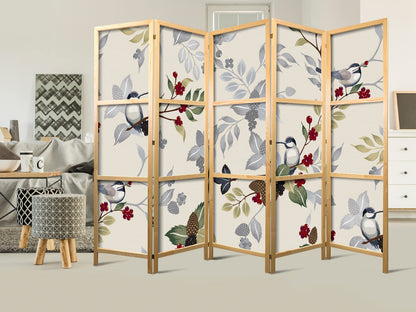 artgeist Japanese Room Divider XXL Birds Forest Nature Leaves Botanical 90 x 67 in - 5 Panel Folding Screen Japan Design Home Decoration Art Deco b-B-0593-z-c