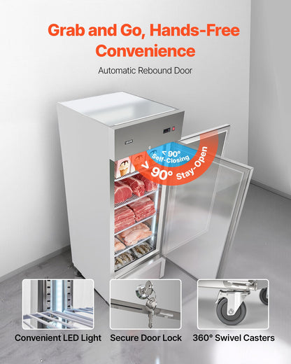 VEVOR Commercial Reach-In Freezer 29" W, 22 Cu.Ft Stainless Steel Upright Freezer with Single Door, Auto-Defrost, 4 Adjustable Shelves, -11 to 14℉ Temp Control, LED Light, ETL Certified