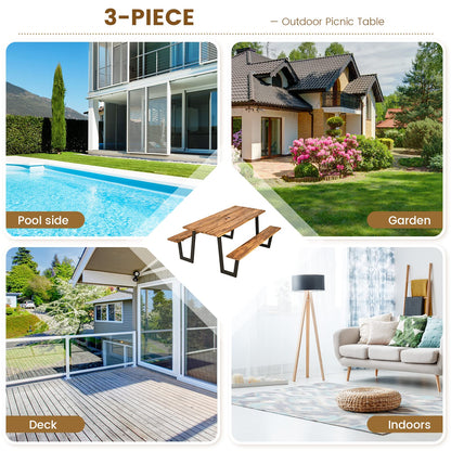 HOMGX Picnic Table, 6 Ft Dining Table with 2 Umbrella Hole, Table Bench Set with Heavy-Duty Metal Frame, Acacia Wood Picnic Table for Outdoor, 6-8 Person, Patio, Lawn, Party, Garden, Natural & Black